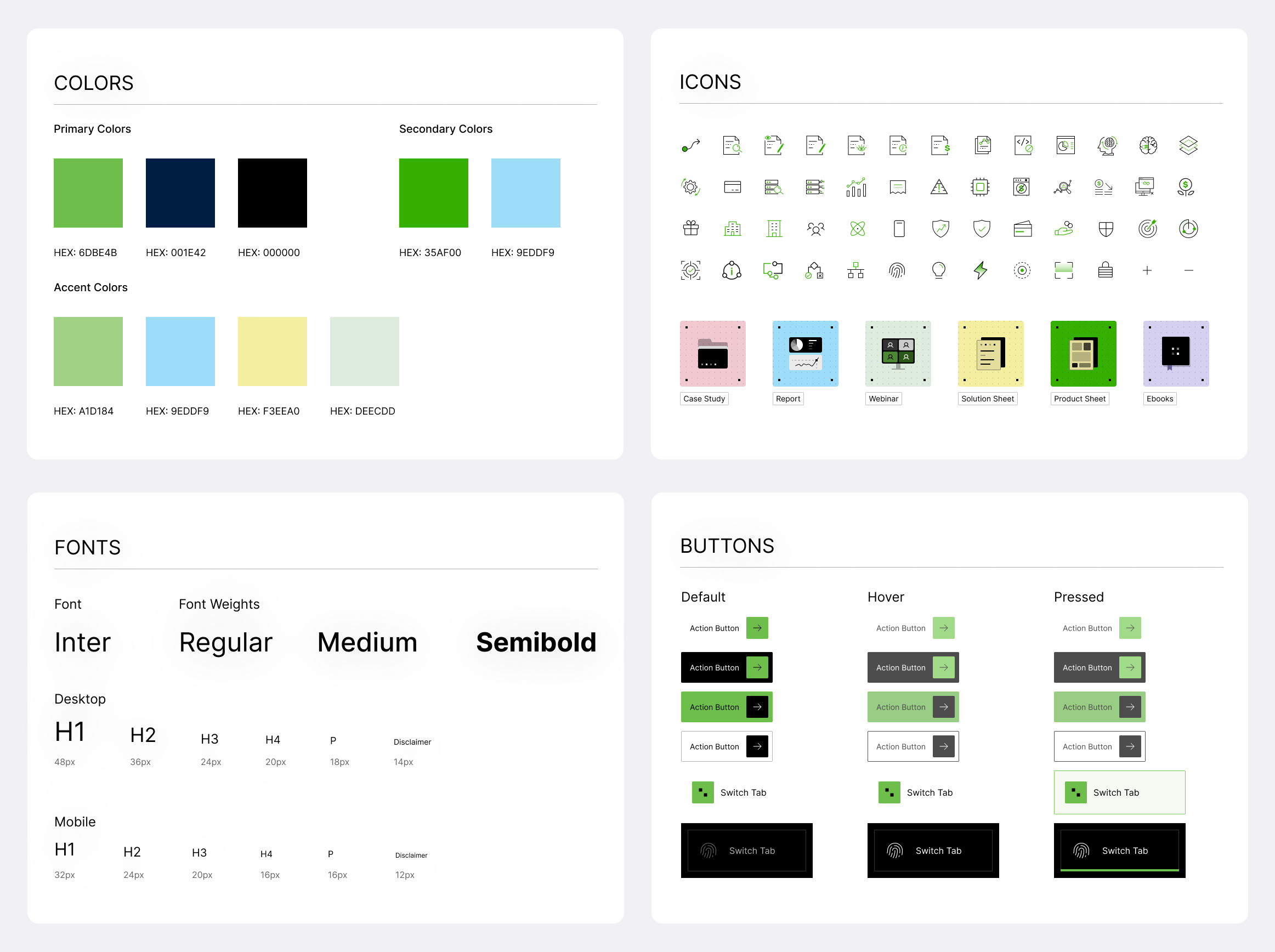 DataVisor design system elements including colors, typography, icons, and UI buttons