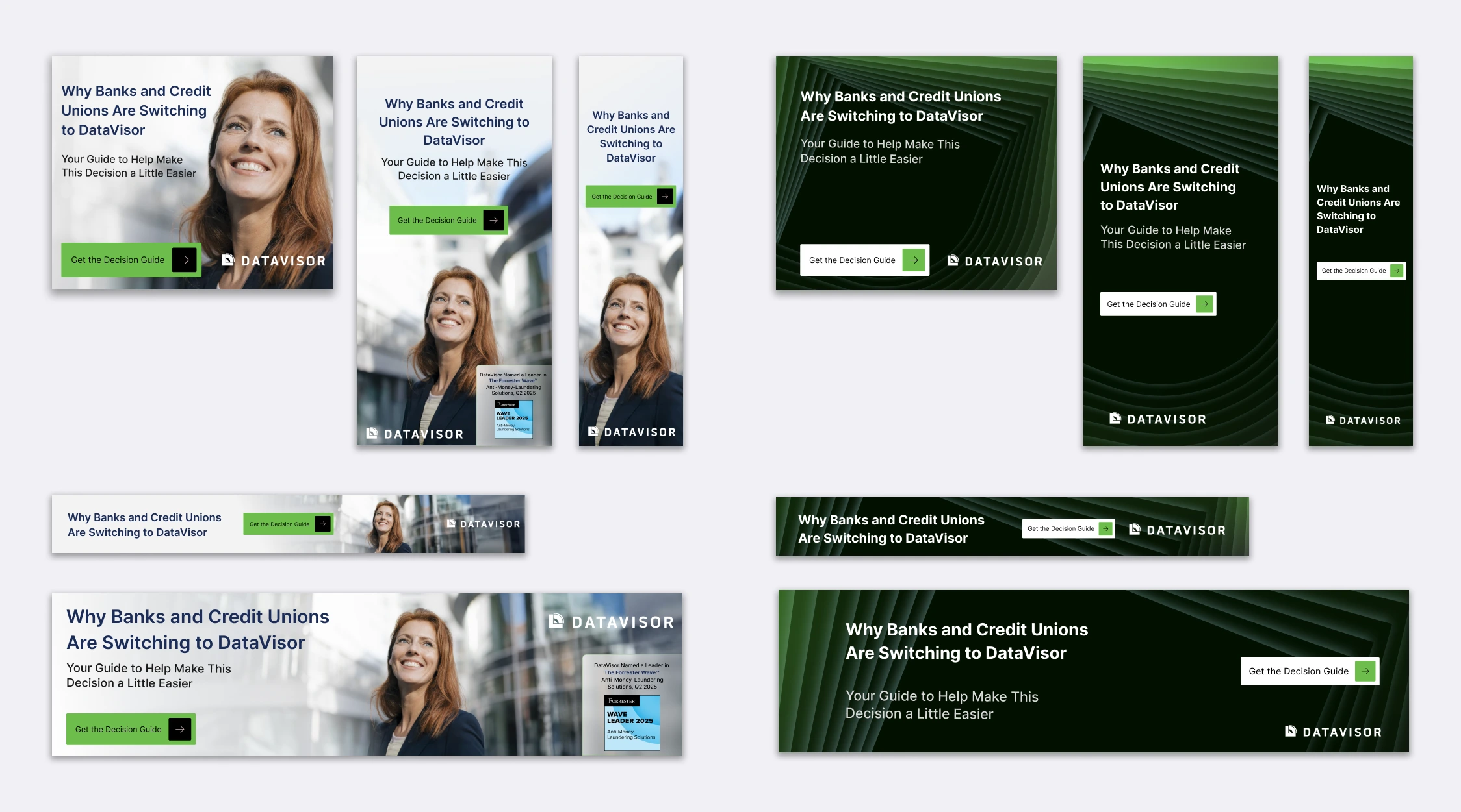 DataVisor Legacy Solutions ABM campaign display ads across photo and alternative dark green creative directions