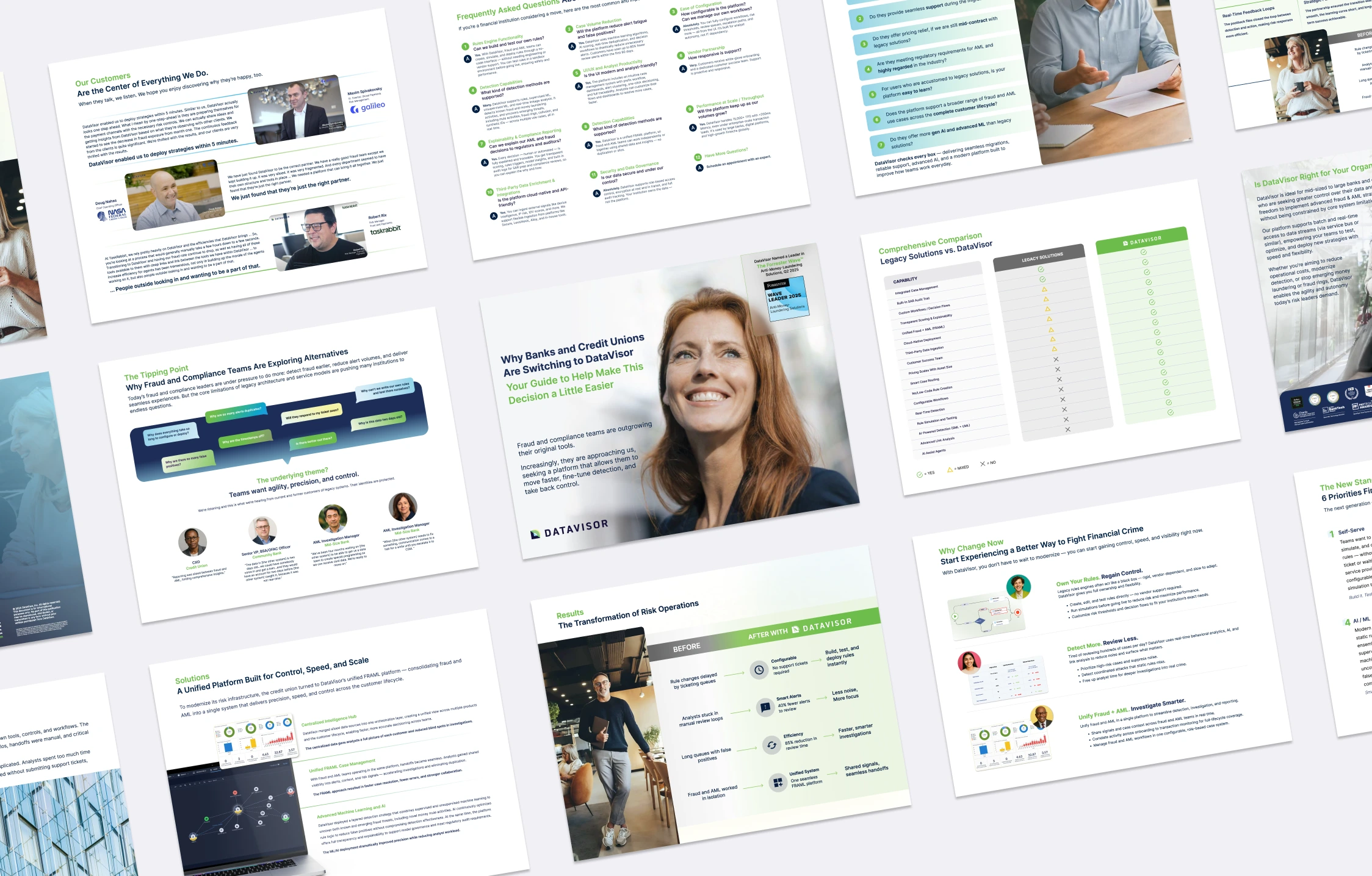 DataVisor Legacy Solutions decision guide pages including cover, customer proof, before and after, and comparison sections